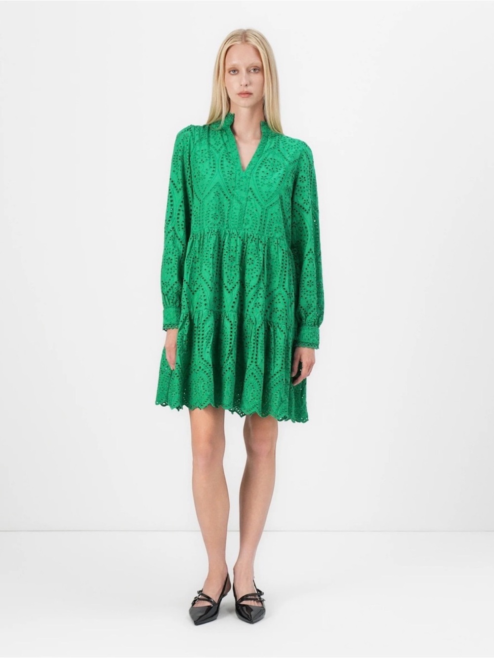 YAS Green Yasoli Eyelet Long Sleeve Dress Size M